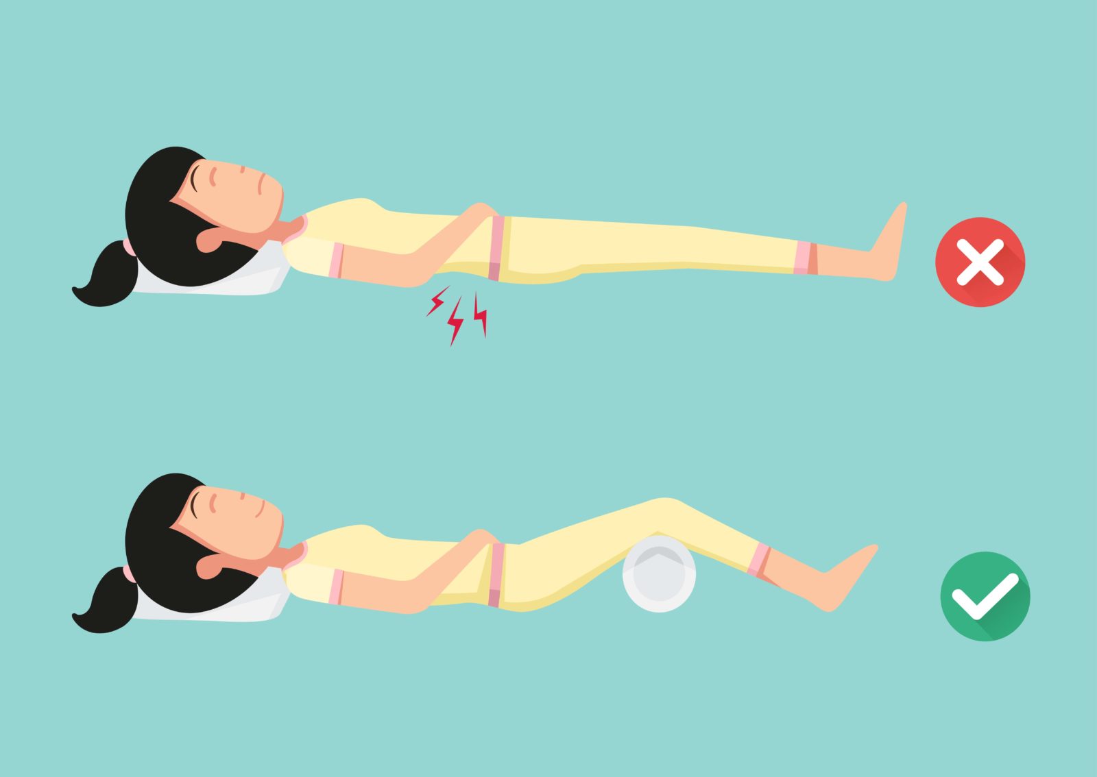 woman laying on her back with and without a pillow under her knees