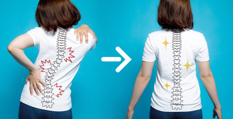 chiropractic before after image. from bad posture to good posture. woman's body and backbone.