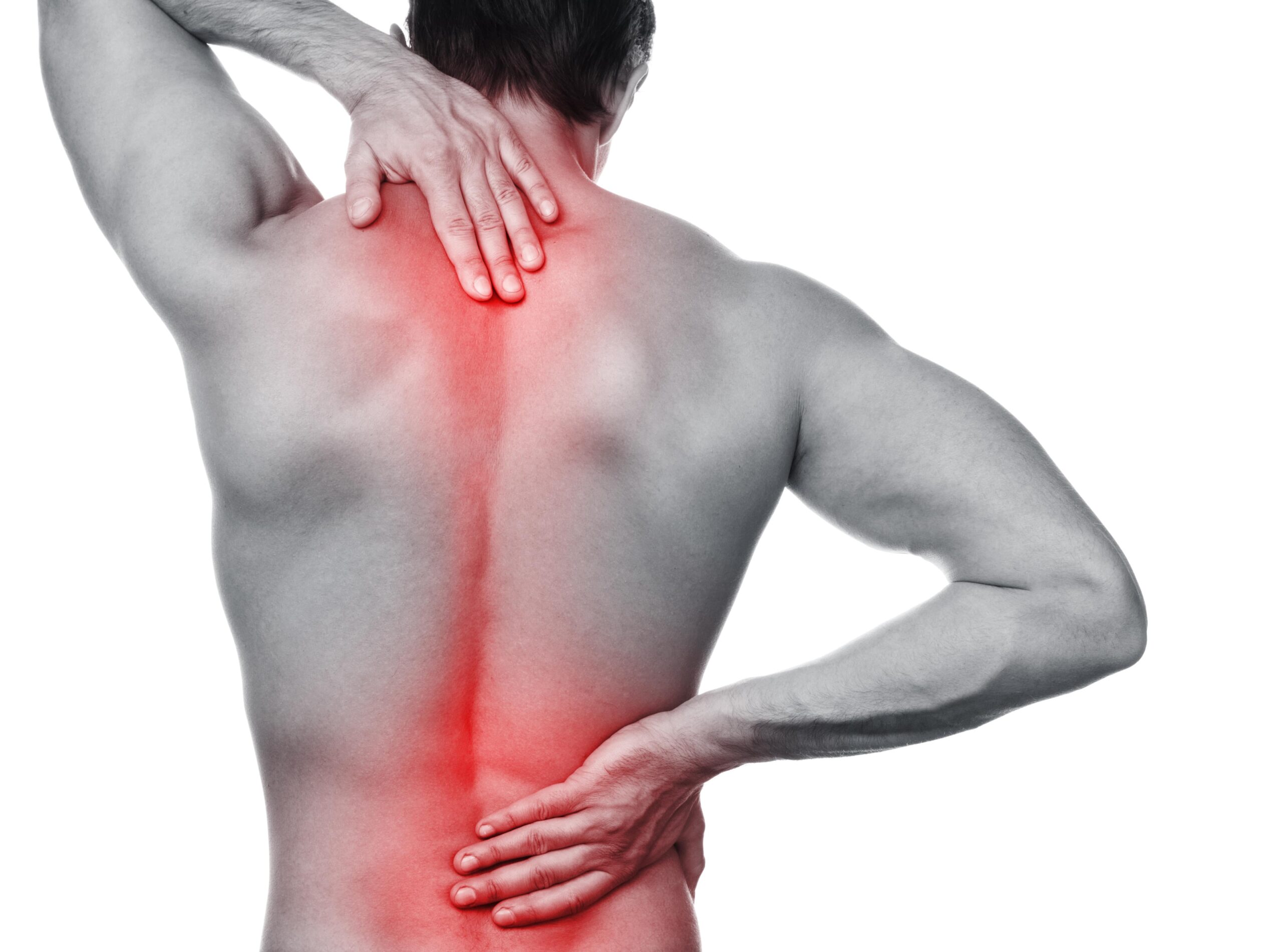 black and white man with spine highlighted in red to indicate back pain