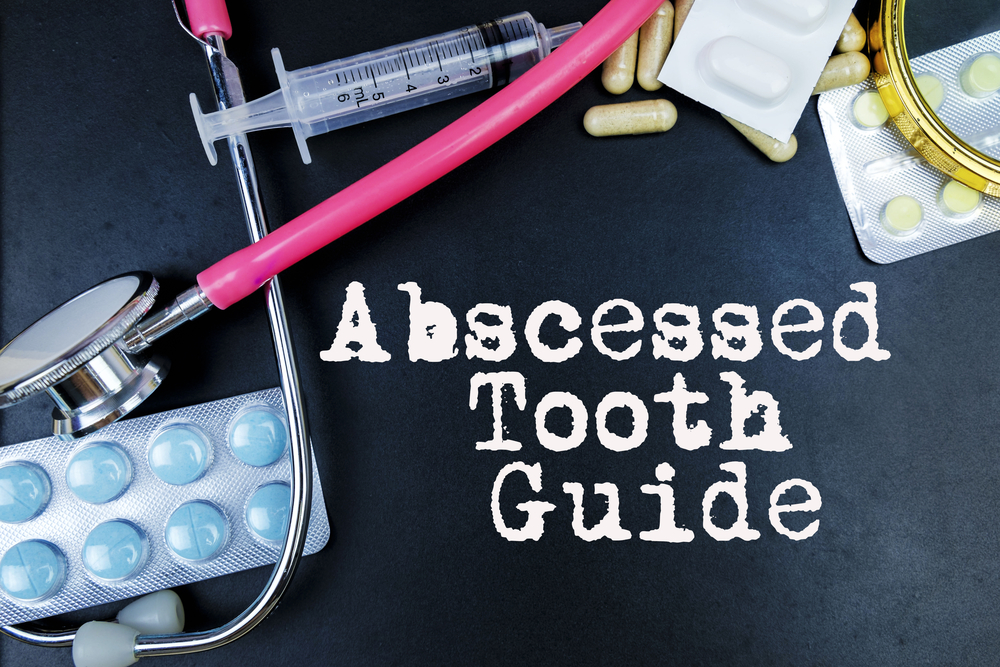 Abscessed Tooth Guide word, medical term word with medical concepts in blackboard and medical equipment.