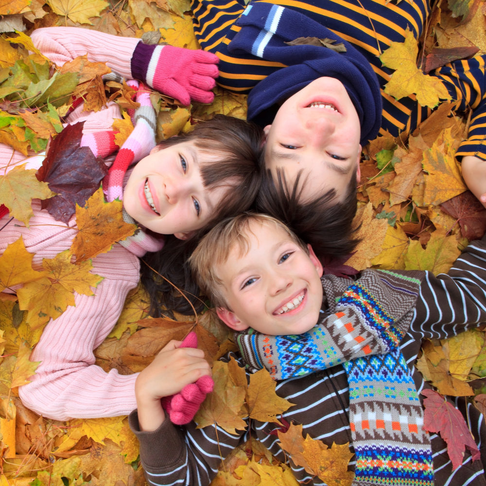 group of children in a pile of leaves