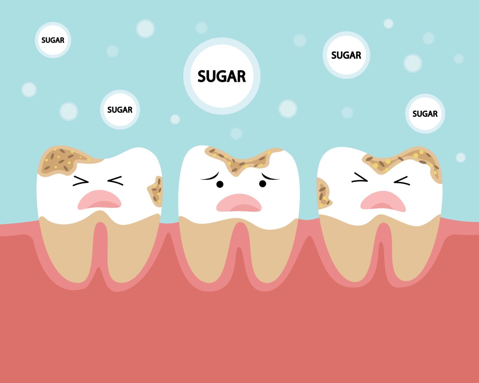 cartoon of teeth being attacked by sugar
