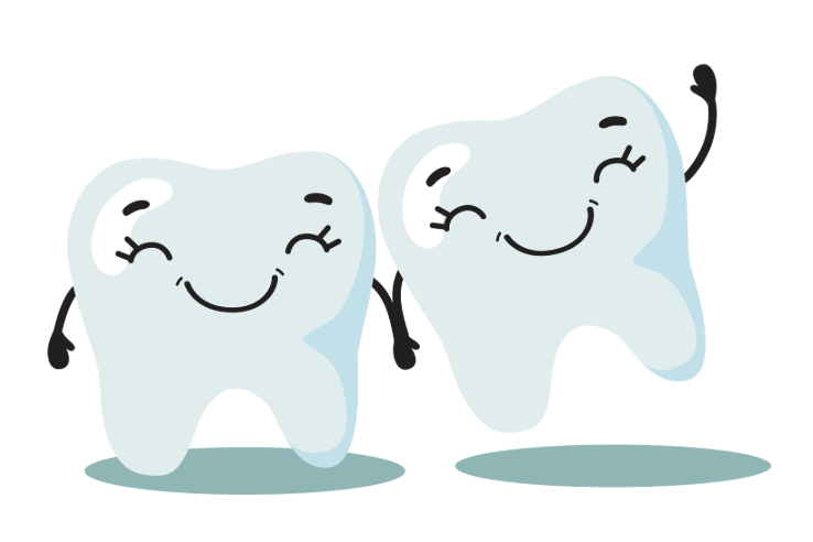 Smiling cartoon of teeth holding hands.