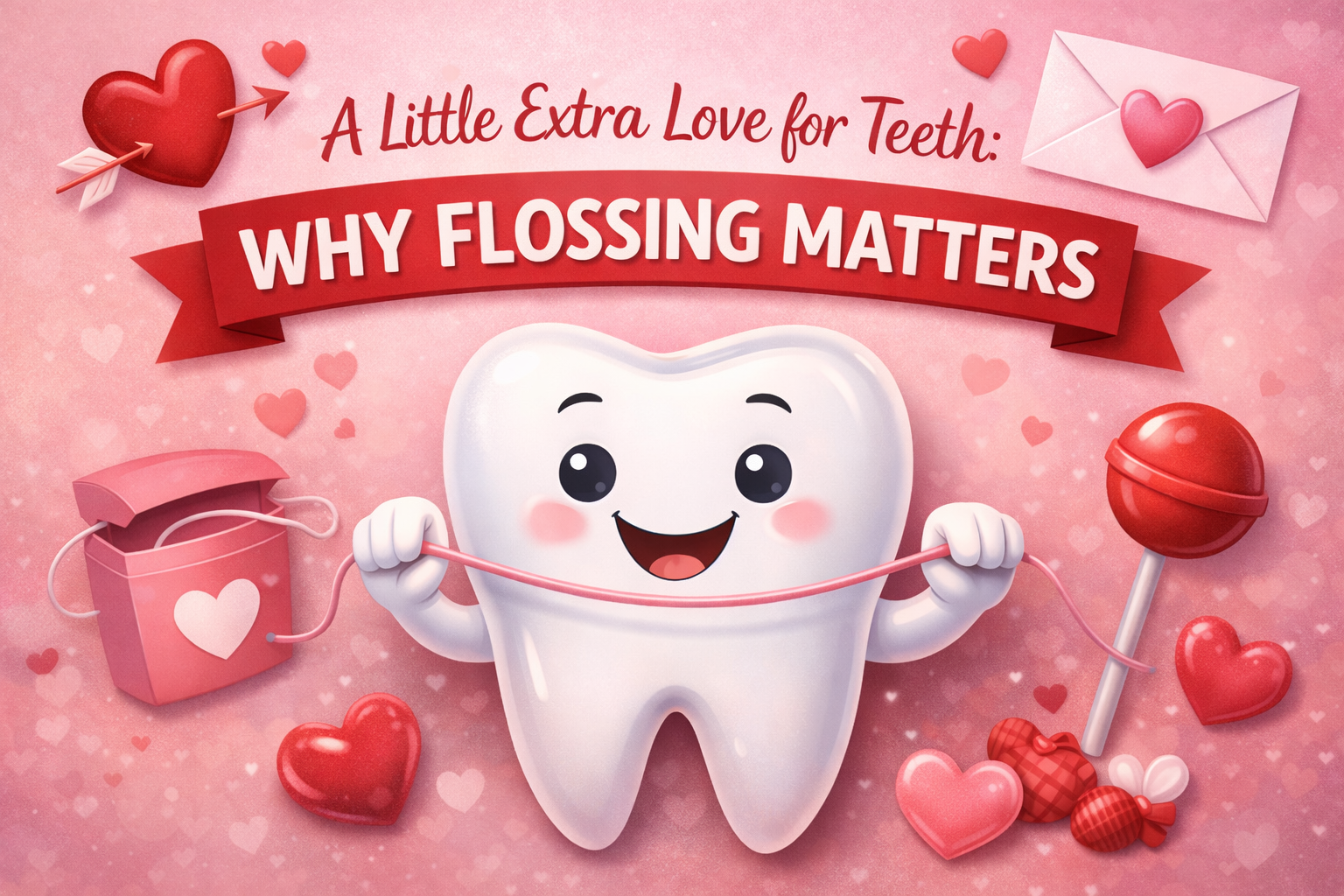 Tooth holding dental floss surrounded by valentines day candy and hearts.