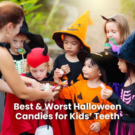 Kids in Halloween costumes getting candy from a bowl