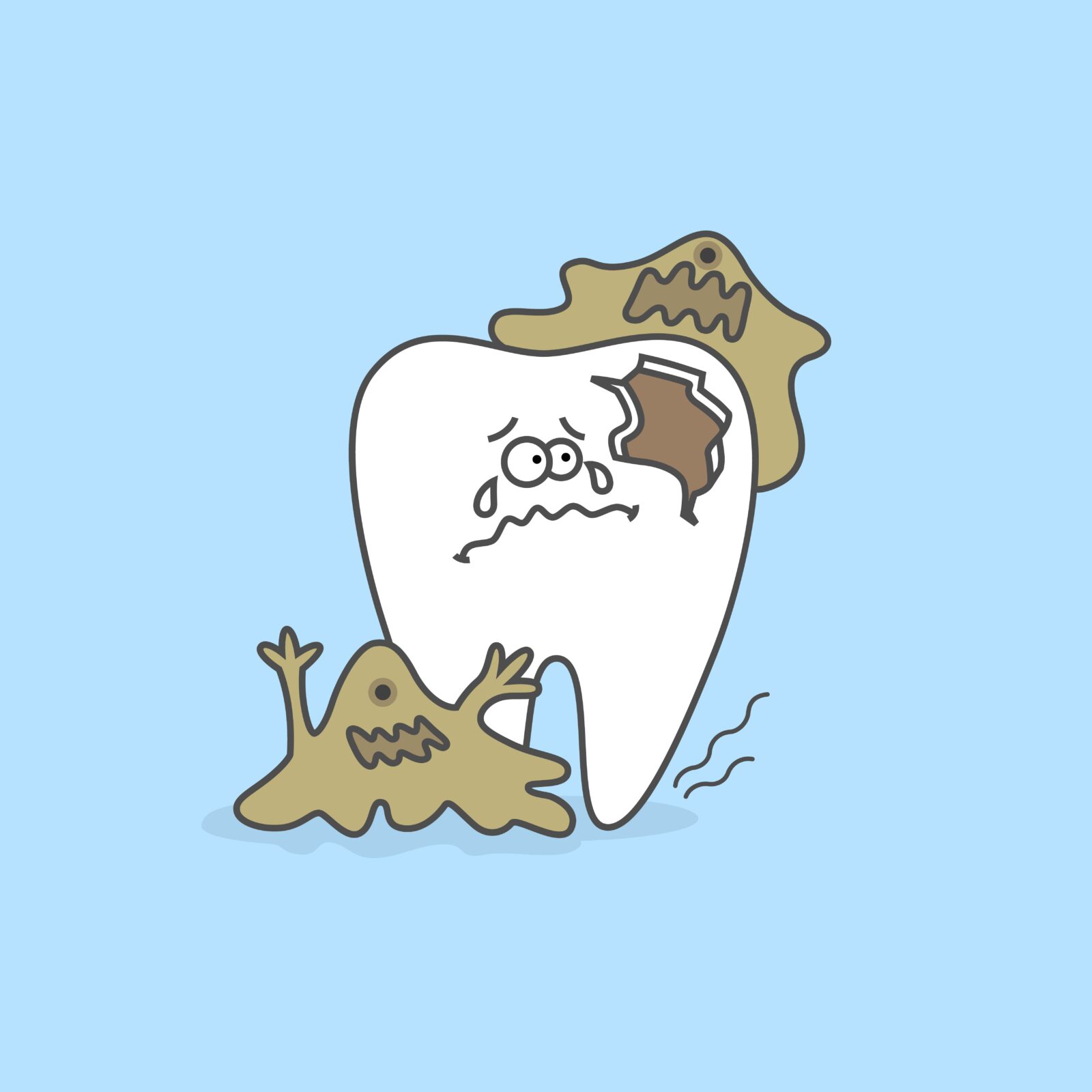 sad cartoon tooth being eaten by bacteria
