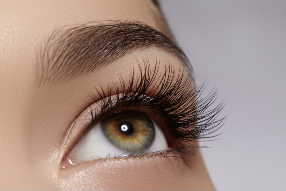 Beautiful macro shot of female eye with extreme long eyelashes and black liner makeup.