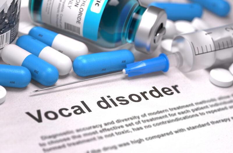 Vocal Disorder - Printed with Blurred Text. On Background of Medicaments Composition - Blue Pills, Injections and Syringe.