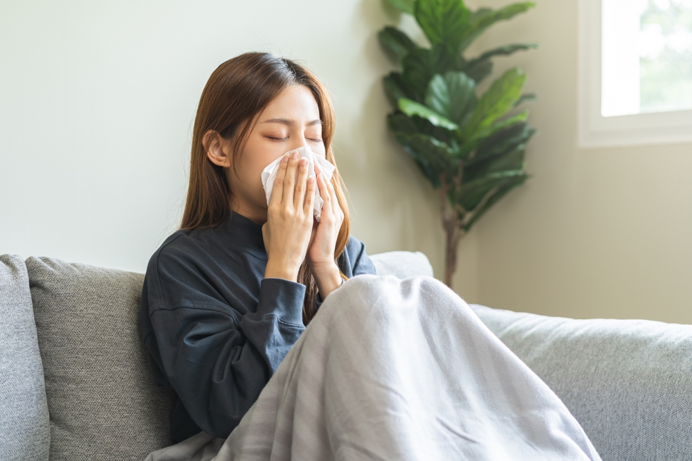 asian young woman, girl have a fever, flu