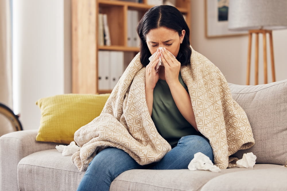 Tissue, blow nose and woman on sofa for home self care with virus, sick and healthcare or allergies.