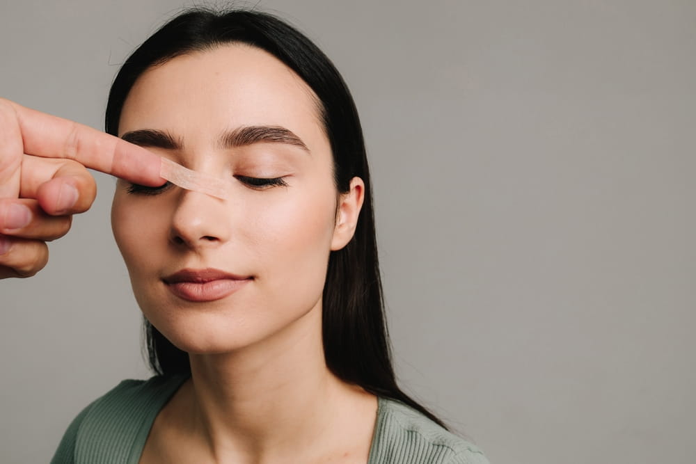 Rhinoplasty. Applying bandage on nose after surgery to support its shape, decrease swelling and improve appearance.