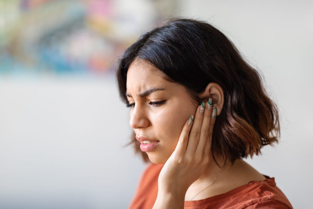 Ears Pain. Sick Young Arab Woman Suffering From Earache At Home,