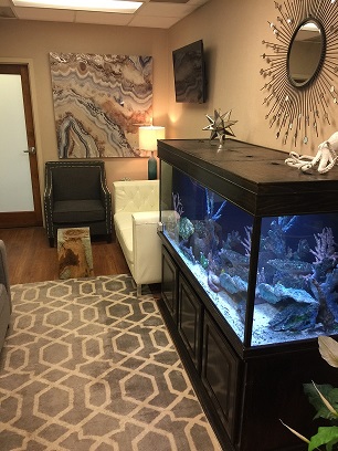 Office indoor with aquarium And art