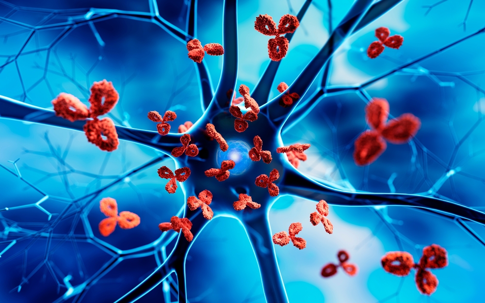 Nerve,Cell,With,Blue,Background,Attacked,By,Red,Antibodies,-