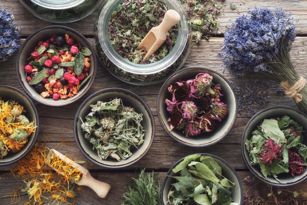 Bowls and jars of dry medicinal herbs