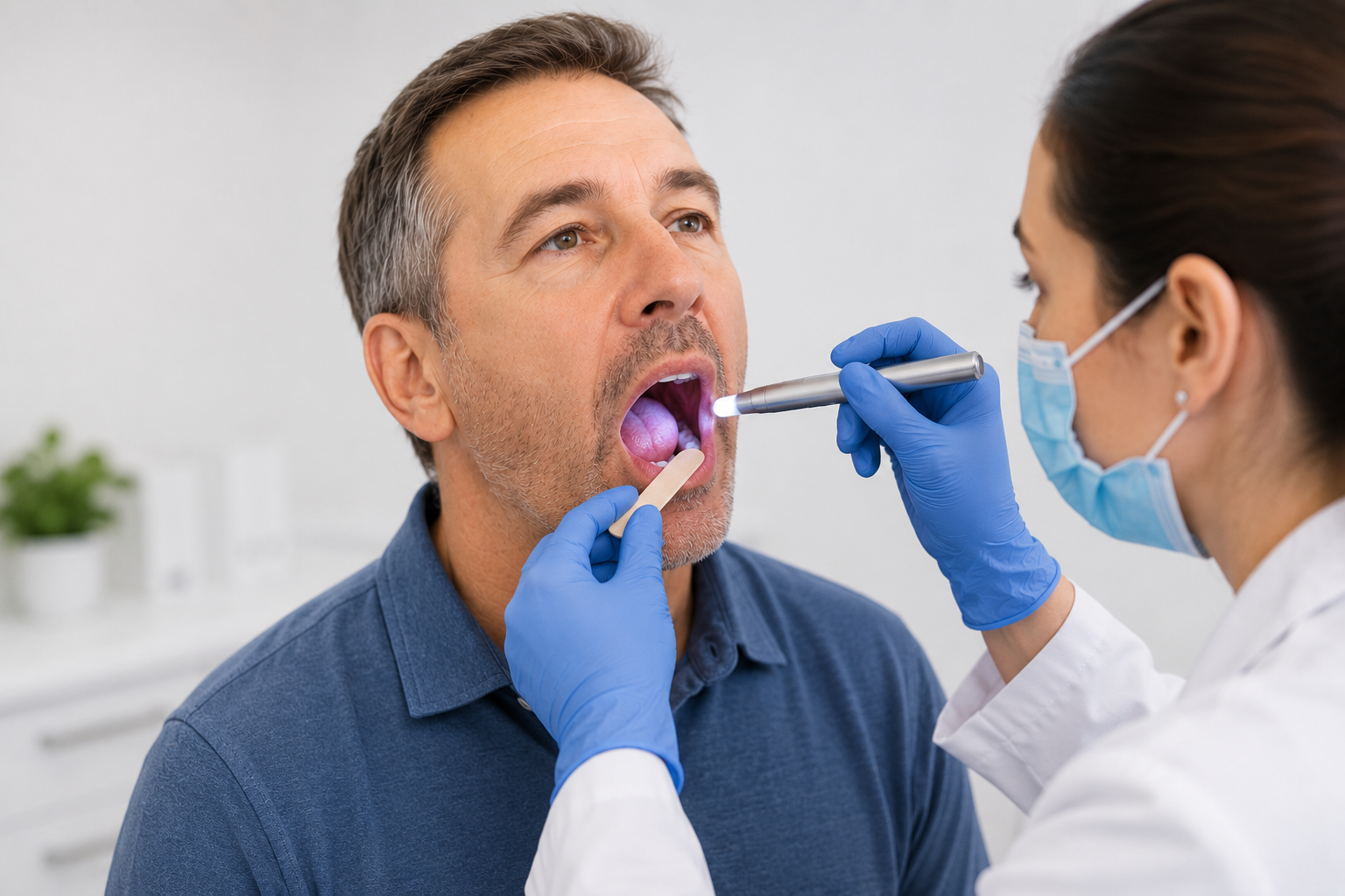 A dentist performs an oral cancer screening, examining a patient's mouth and throat with a light and tongue depressor.