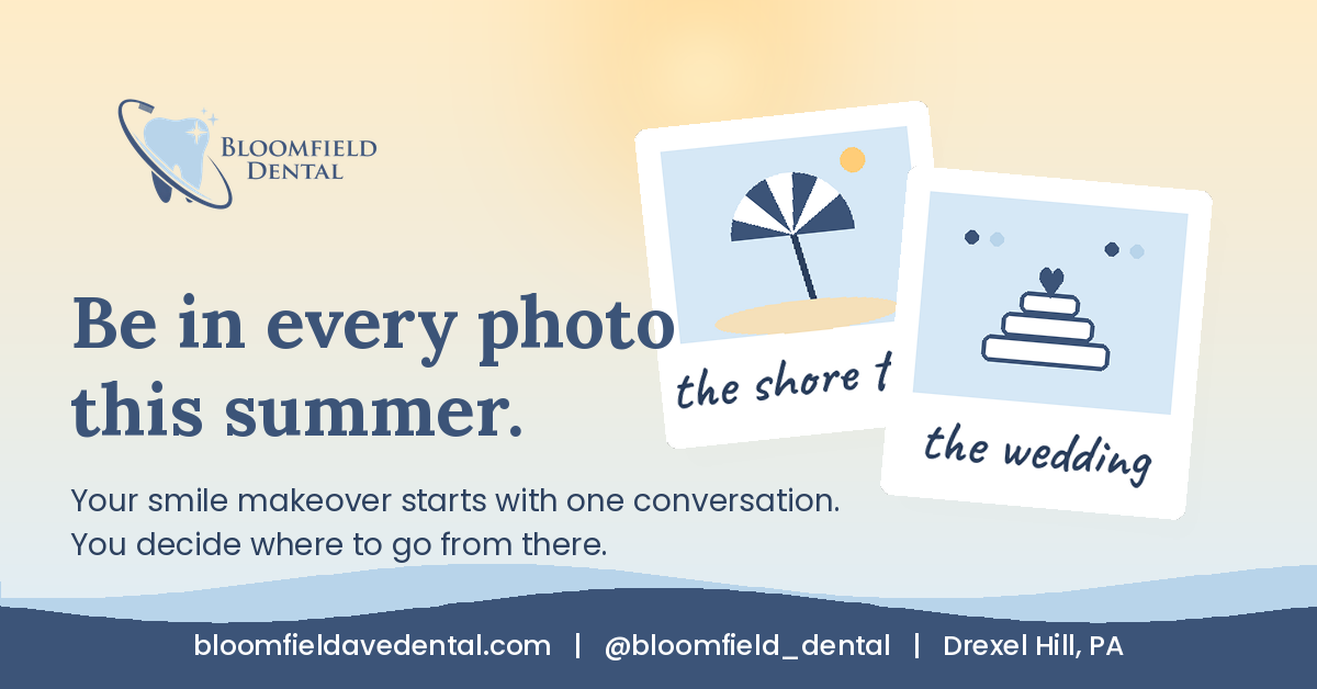 Bloomfield Dental summer smile makeover thumbnail with beach and wedding photo icons