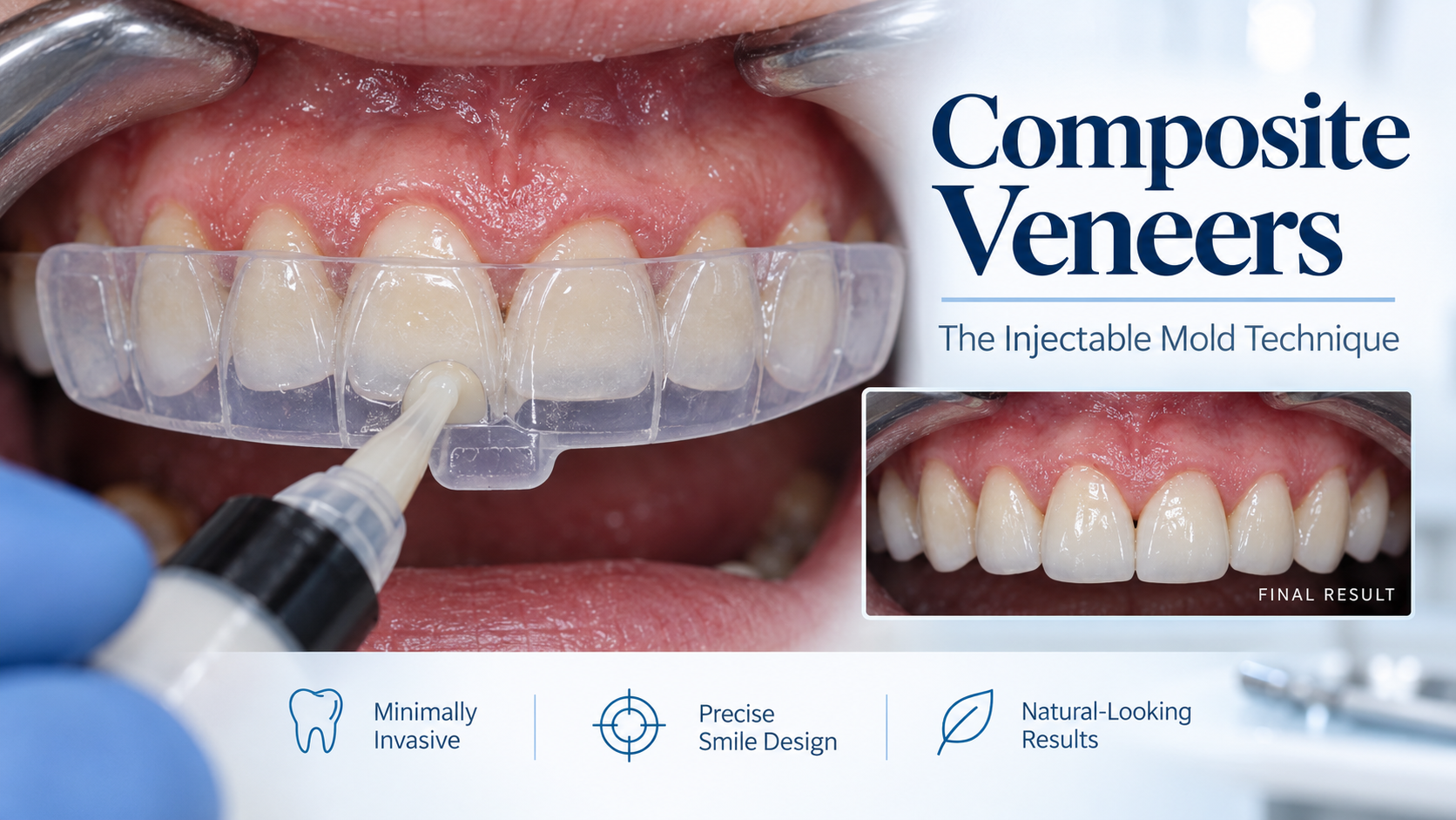 Injectable mold technique for composite veneers at Bloomfield Dental, with final result