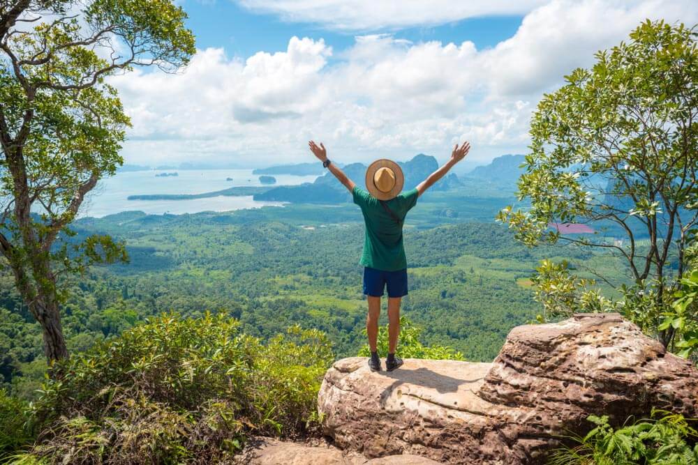 Happy young man with hands raised up stands on rock high in mountains