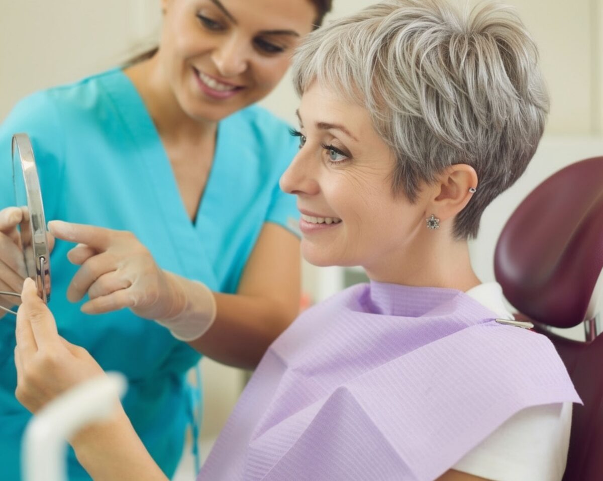 Attractive older woman in dental chair adminiring new smile in mirror as dental assistant looks on