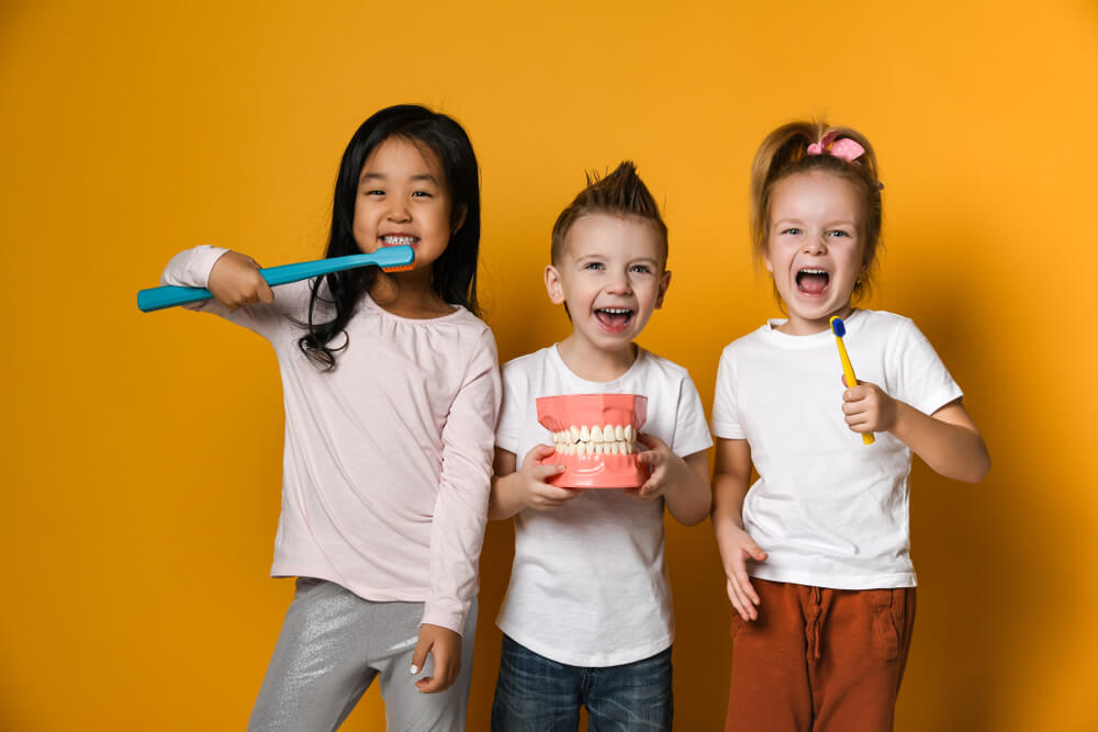 Three children with toothbrushes and a Dental implant model