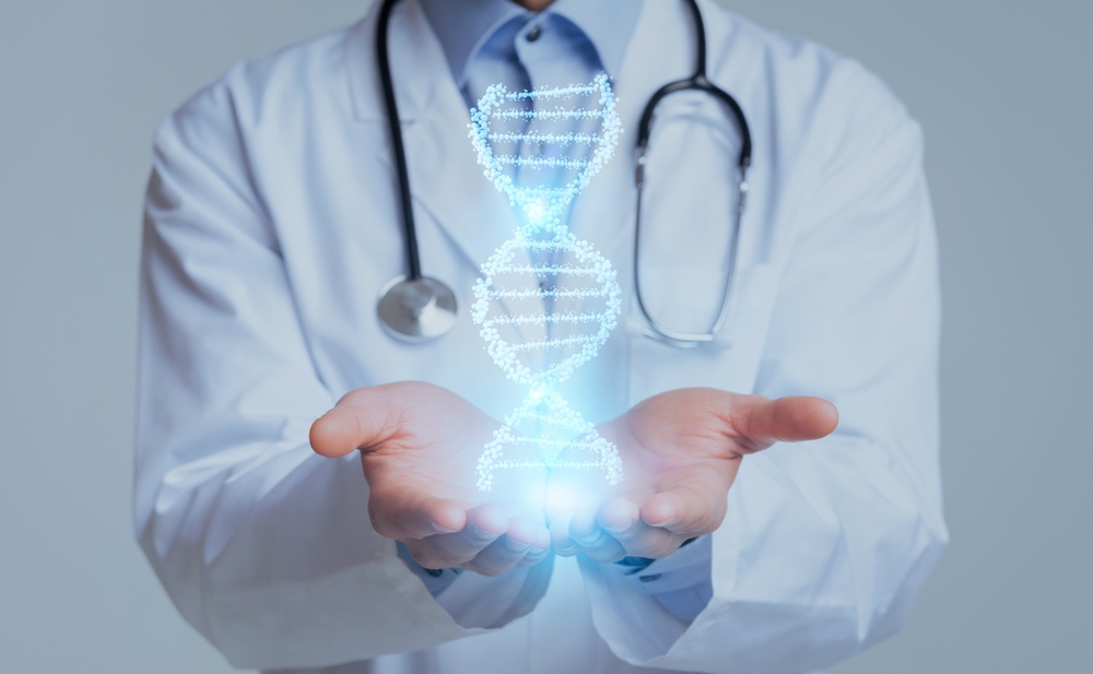 Cropped of medical doctor geneticist hands holding DNA chain hologram