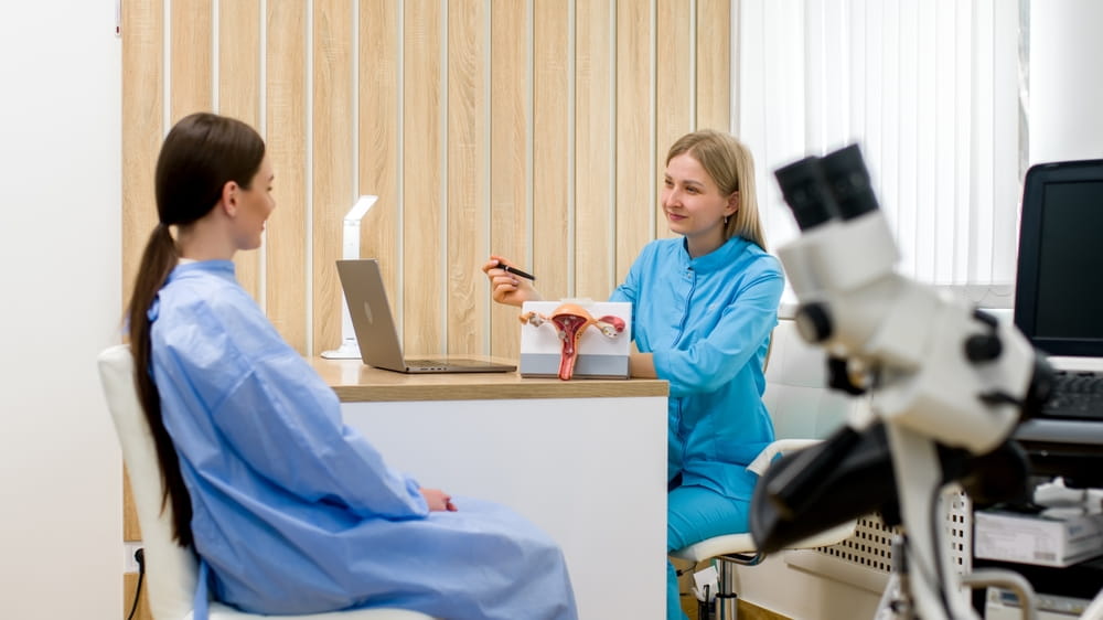 A gynecologist doctor holds a model of the uterus and ovaries. Ovarian and cervical cancer, cervical disorder, endometriosis, hysterectomy, uterine fibroids, reproductive system and pregnancy concept.