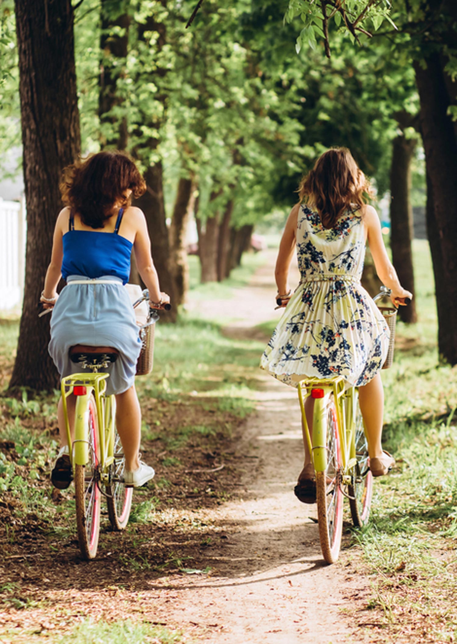 Two pretty go with bicycles in a spring park