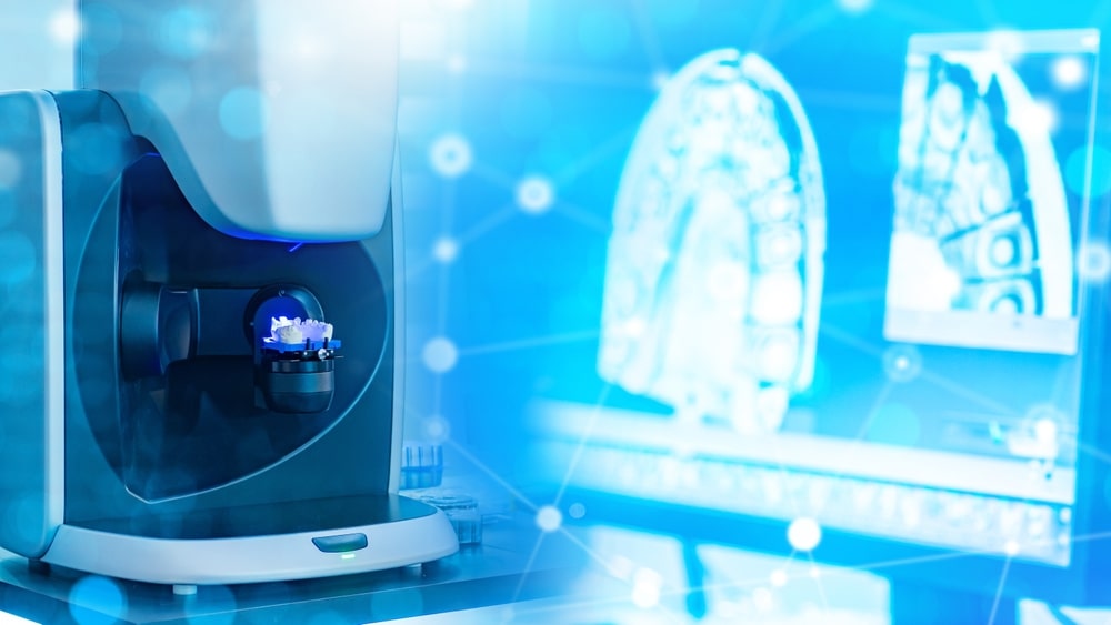 3D dental scanner with digital model of teeth on screen, concept of dentistry, dental technology