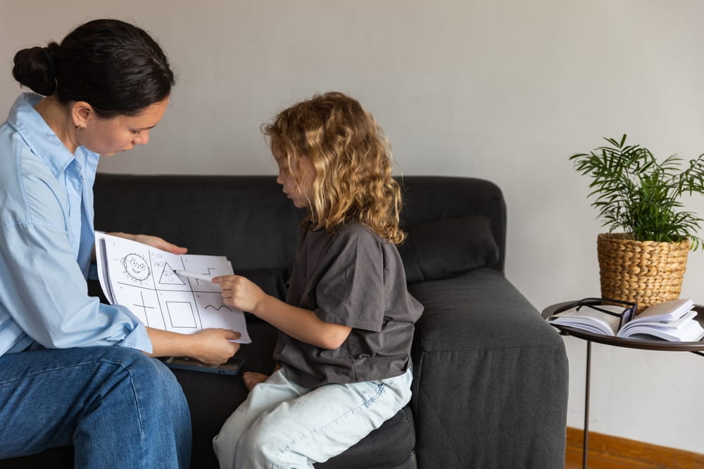 A child girl at a psychotherapist's appointment undergoes psychological tests.