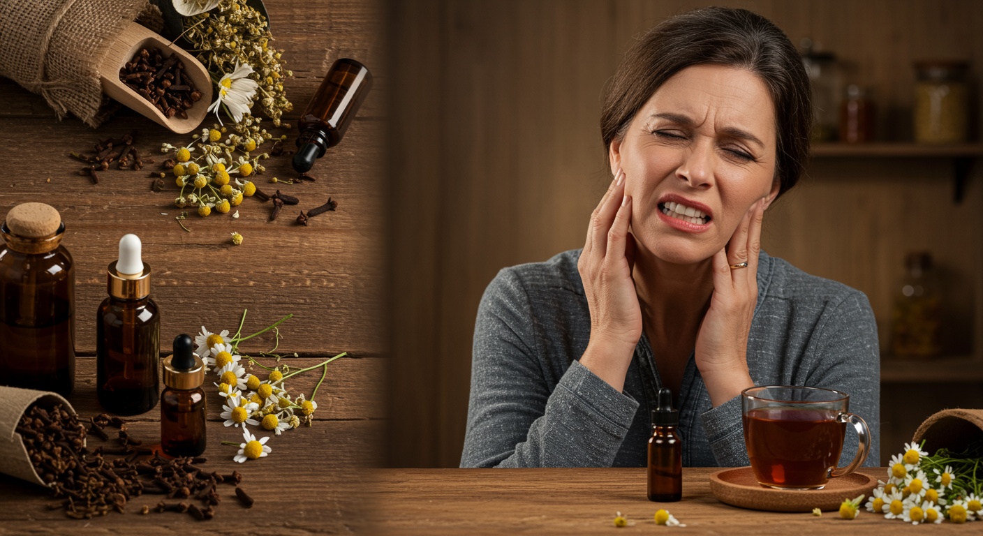 On the wooden table beside her, include herbal remedies like dried cloves, chamomile