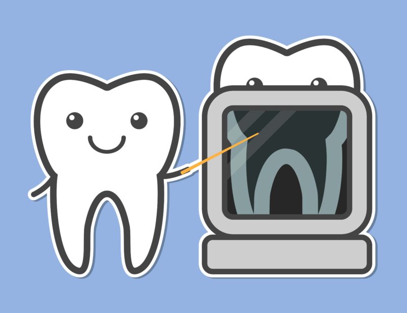 cartoon tooth giving another cartoon tooth an x-ray