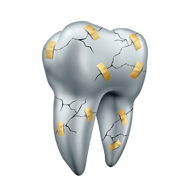 damaged tooth with cracks and bandaids