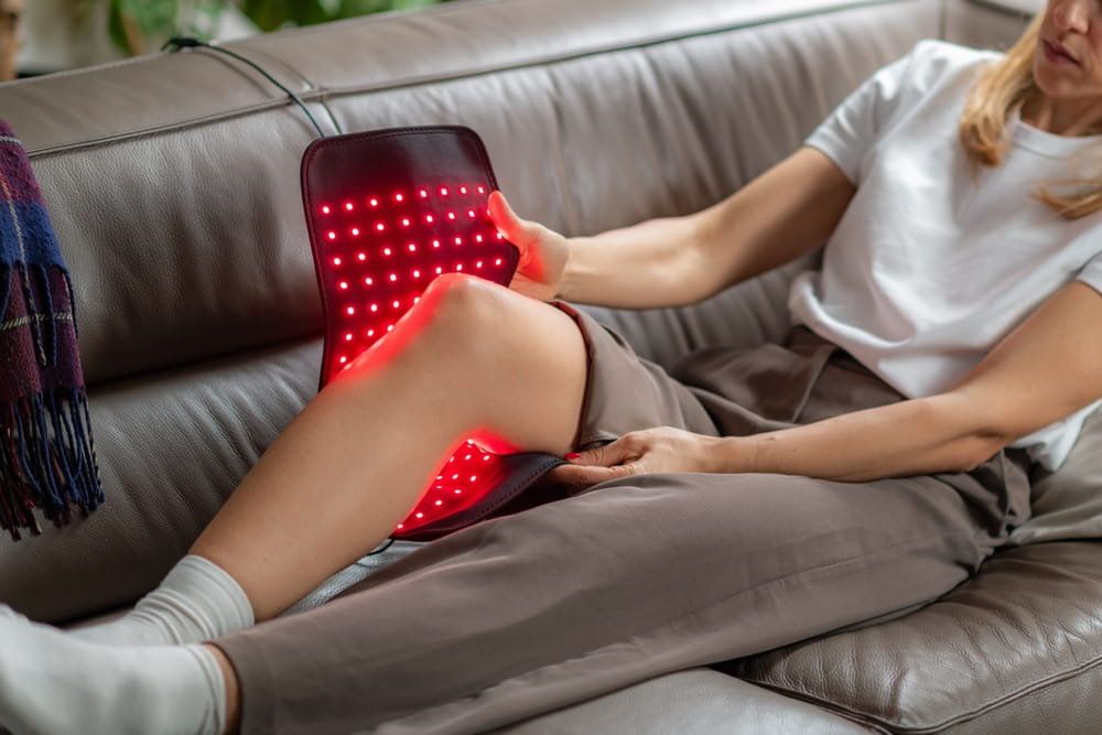 Red light therapy pad used at home eases a womans knee pain from arthritis or injury