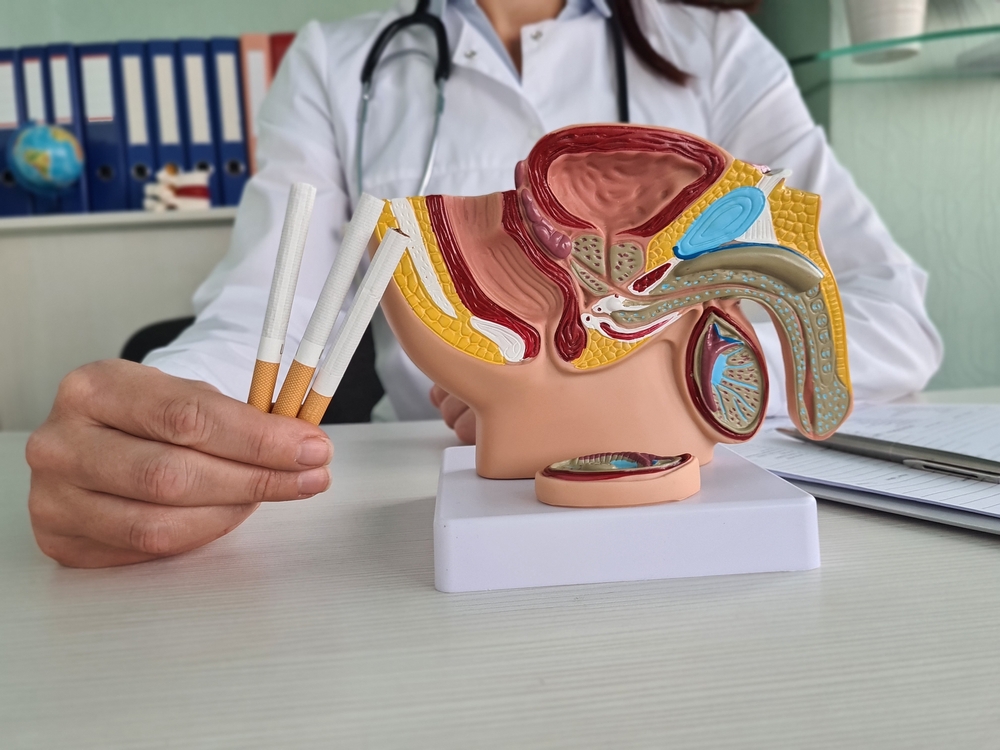 Doctor Holding Cigarettes Near Anatomical Model of Male Reproductive System