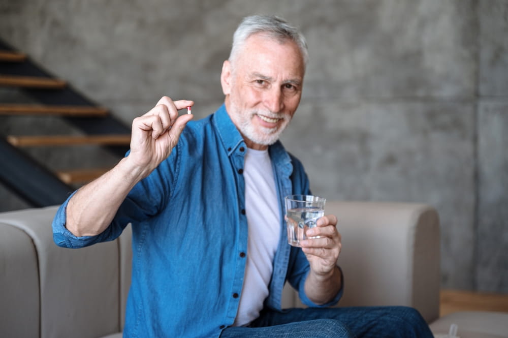 Male holding tablet and glass with water. Intaking capsule with omega3, vitamin D