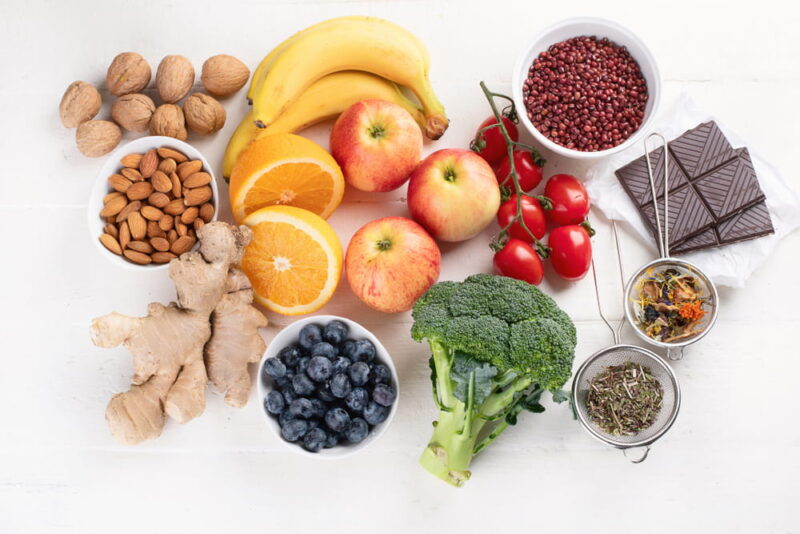 Food sources of natural antioxidants. Top view. Healthy diet concept
