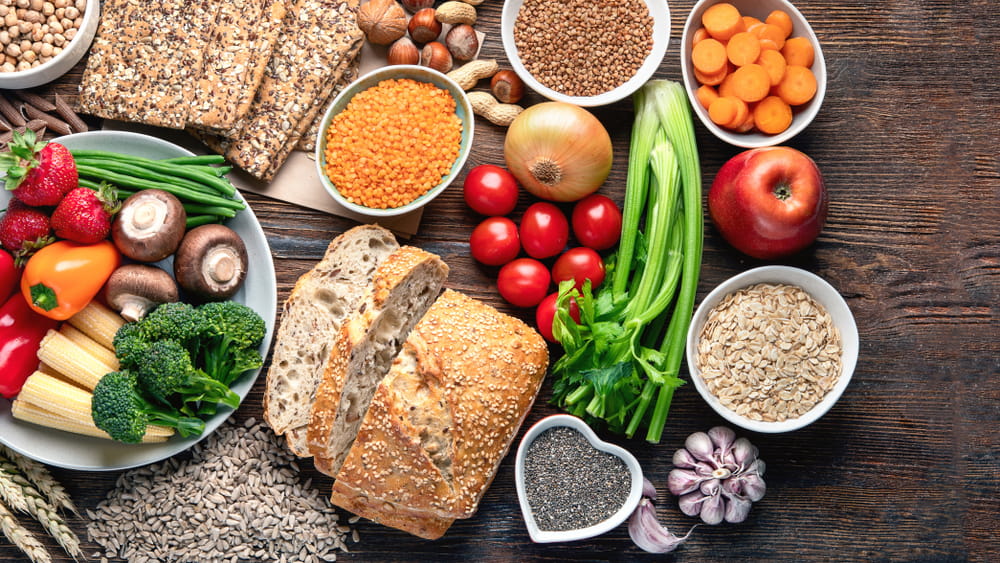 Healthy natural ingredients containing dietary fiber. Healthy high fiber diet eating concept with antioxidants and vitamins