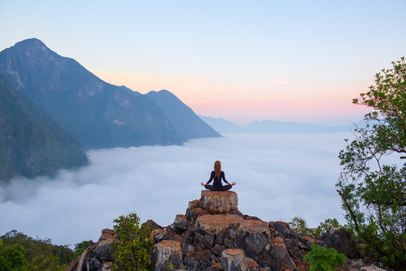 Serenity and yoga practicing at mountain range, meditation