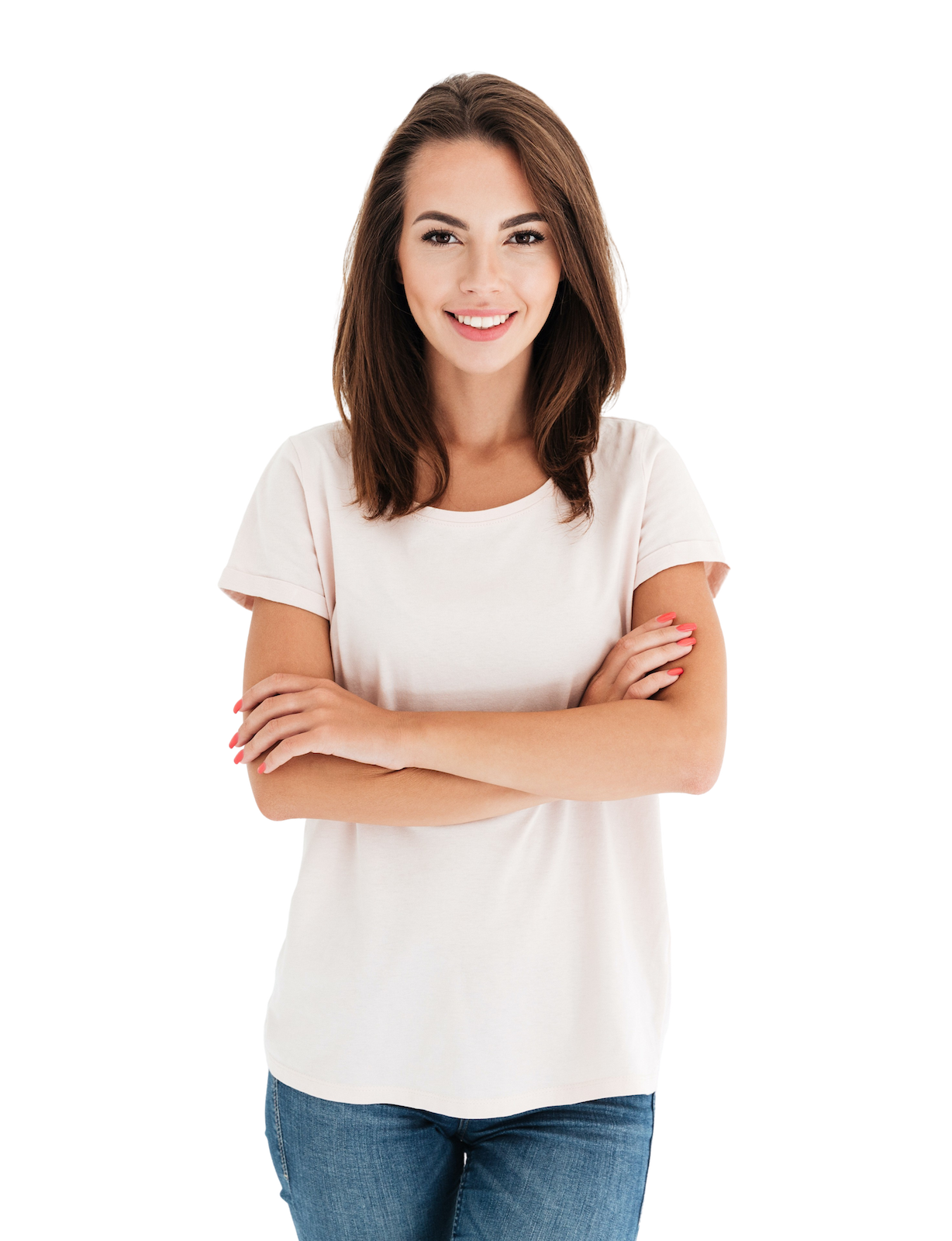 Young woman, in a white shirt, smiling, with her arms crossed