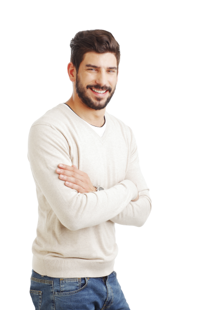Man with beard crossing arms and smiling